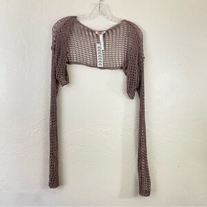 Urban Outfitters Brown Crochet Mesh Knit Full Sleeve Cropped Open Cardigan